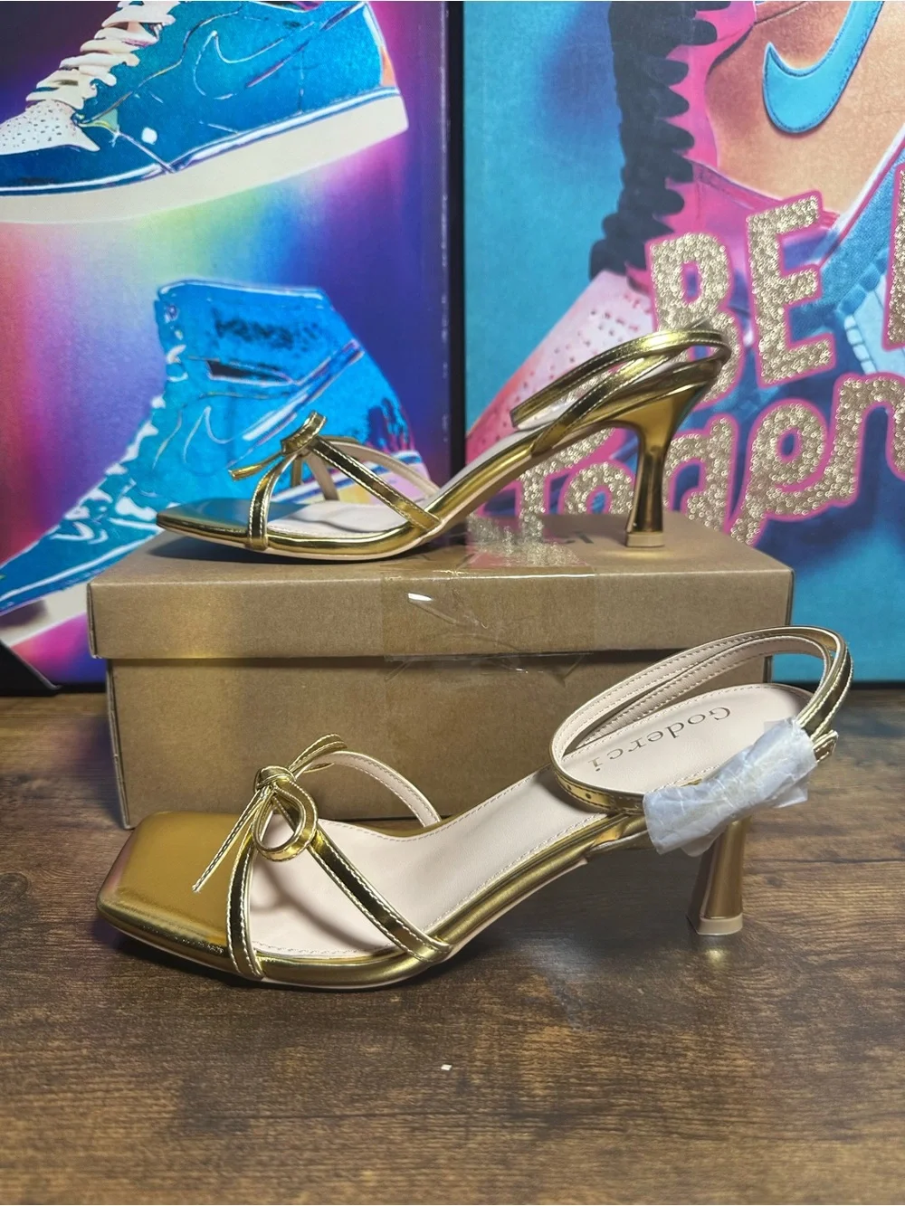 Goderci Kitten Heels with Bow Strappy Heels for Women size 7.5 Gold